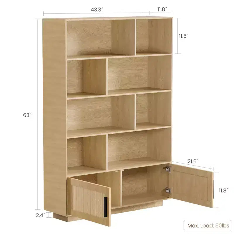 5 Tier Rattan Bookshelf with Storage Cabinet & Door, Tall Industrial Book Shelf with Storage, 5 Shelf Bookcase for Living Room, Bedroom