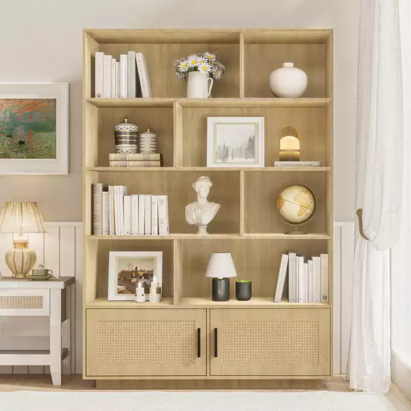 5 Tier Rattan Bookshelf with Storage Cabinet & Door, Tall Industrial Book Shelf with Storage, 5 Shelf Bookcase for Living Room, Bedroom