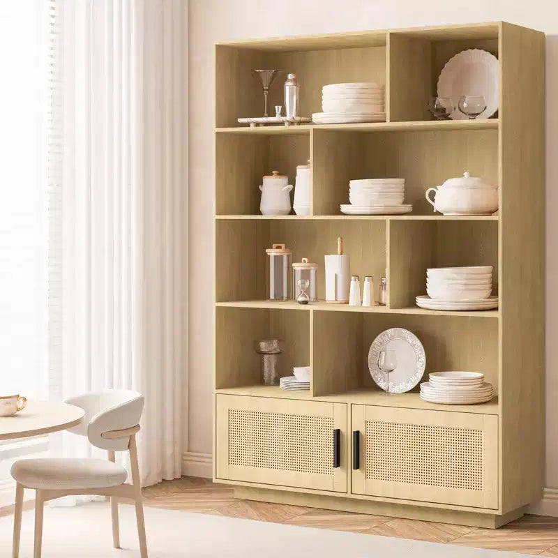 5 Tier Rattan Bookshelf with Storage Cabinet & Door, Tall Industrial Book Shelf with Storage, 5 Shelf Bookcase for Living Room, Bedroom