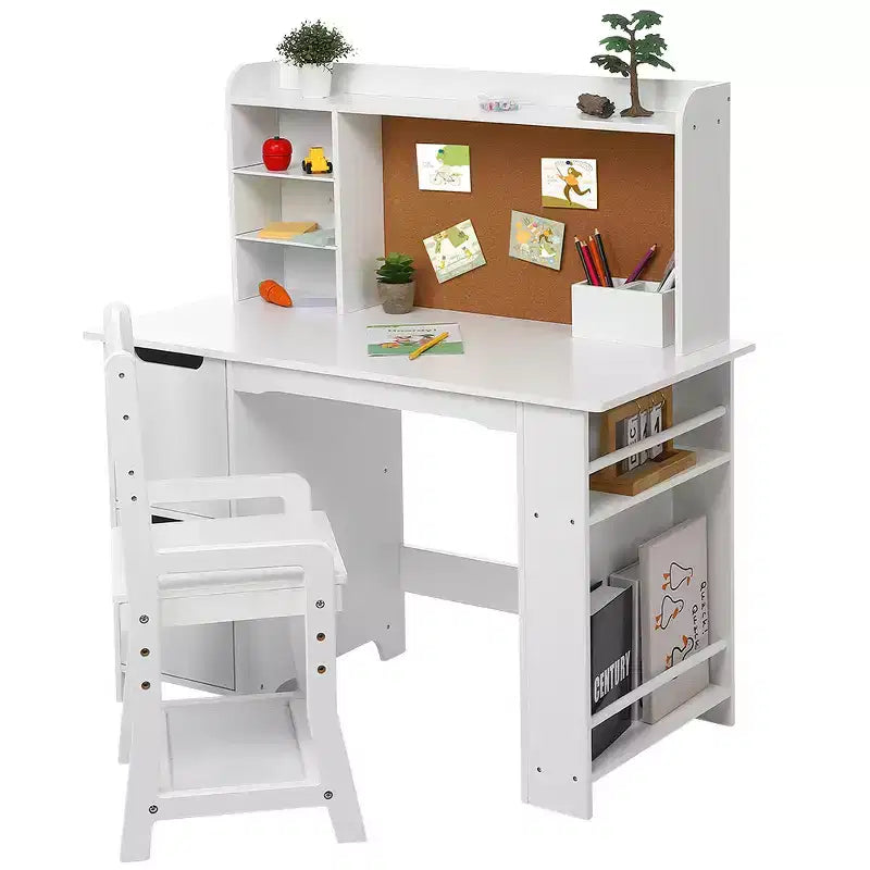 Kids Vanity & Study Desk Set  White Table with Chair, Bookshelf, Mirror, Cabinets & Bulletin Board for Ages 39