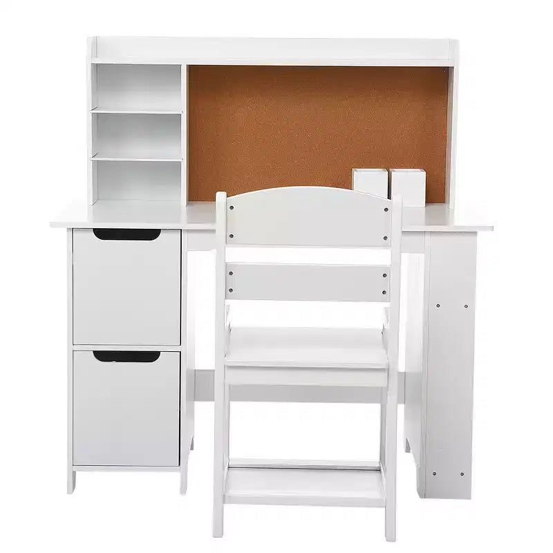 Kids Vanity & Study Desk Set  White Table with Chair, Bookshelf, Mirror, Cabinets & Bulletin Board for Ages 39