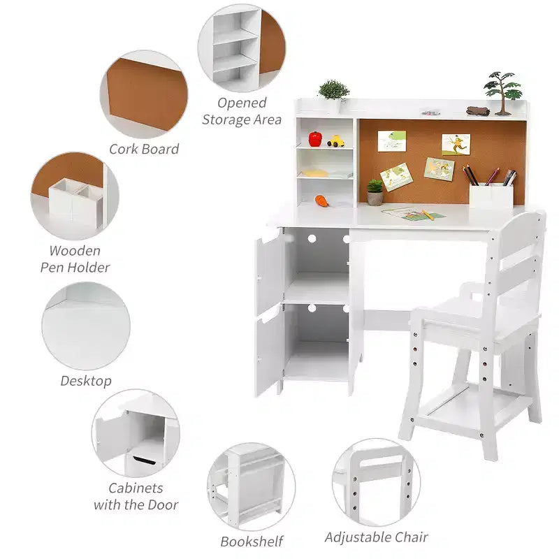 Kids Vanity & Study Desk Set  White Table with Chair, Bookshelf, Mirror, Cabinets & Bulletin Board for Ages 39
