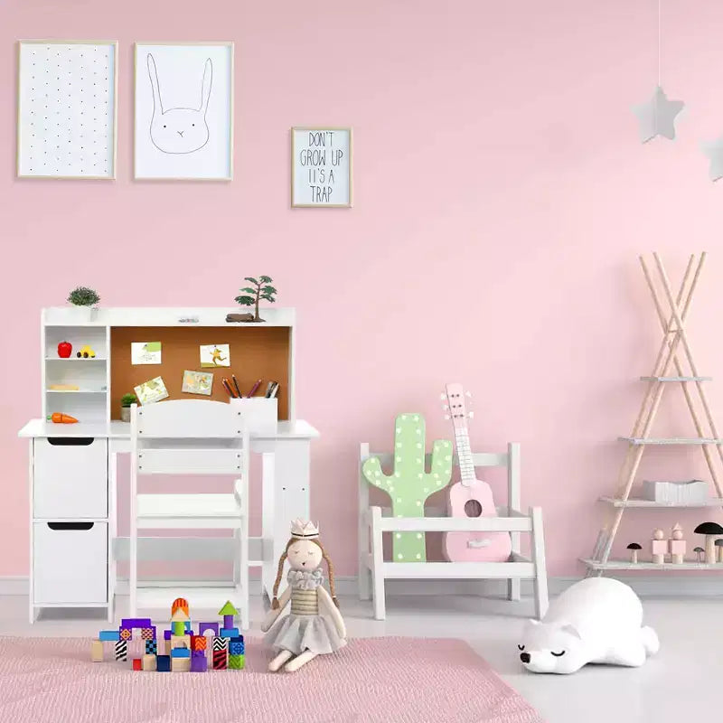 Kids Vanity & Study Desk Set  White Table with Chair, Bookshelf, Mirror, Cabinets & Bulletin Board for Ages 39