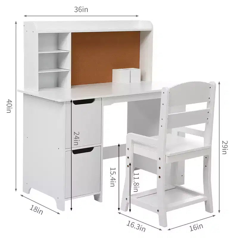 Kids Vanity & Study Desk Set  White Table with Chair, Bookshelf, Mirror, Cabinets & Bulletin Board for Ages 39