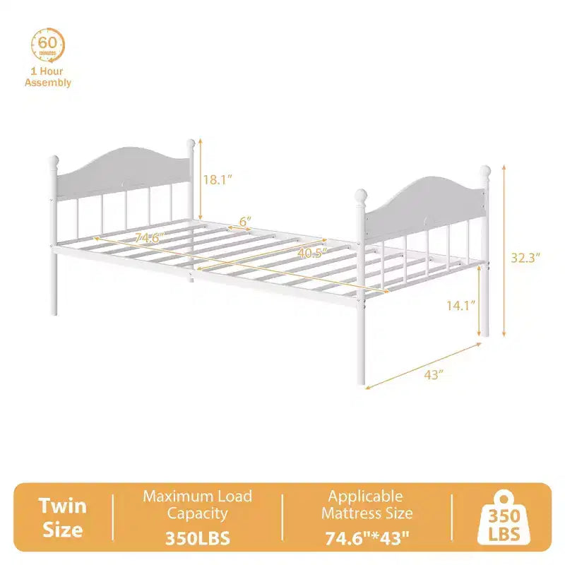 Twin Daybed, Metal Day Bed with Stylish Headboard, Under-Bed Storage Space, Heavy Duty Steel Slats Platform for Living Room, Bedroom and Guest Room