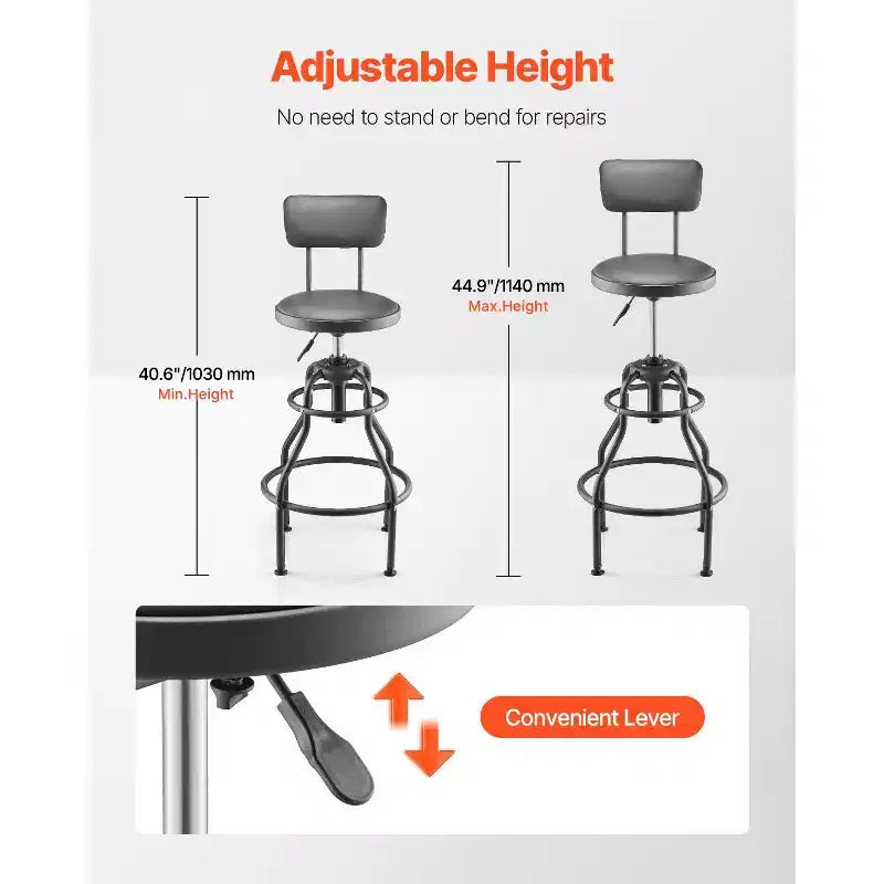Adjustable Shop Stool with Backrest Pneumatic Height Garage Work Seat 300 lb Capacity