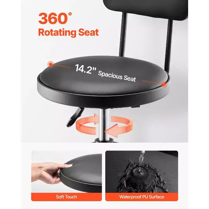 Adjustable Shop Stool with Backrest Pneumatic Height Garage Work Seat 300 lb Capacity