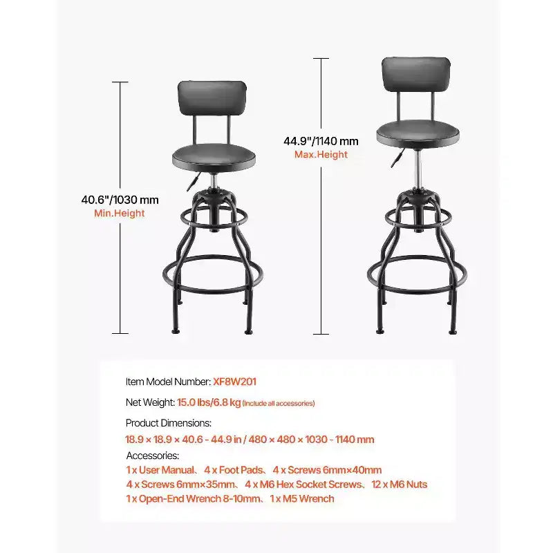 Adjustable Shop Stool with Backrest Pneumatic Height Garage Work Seat 300 lb Capacity