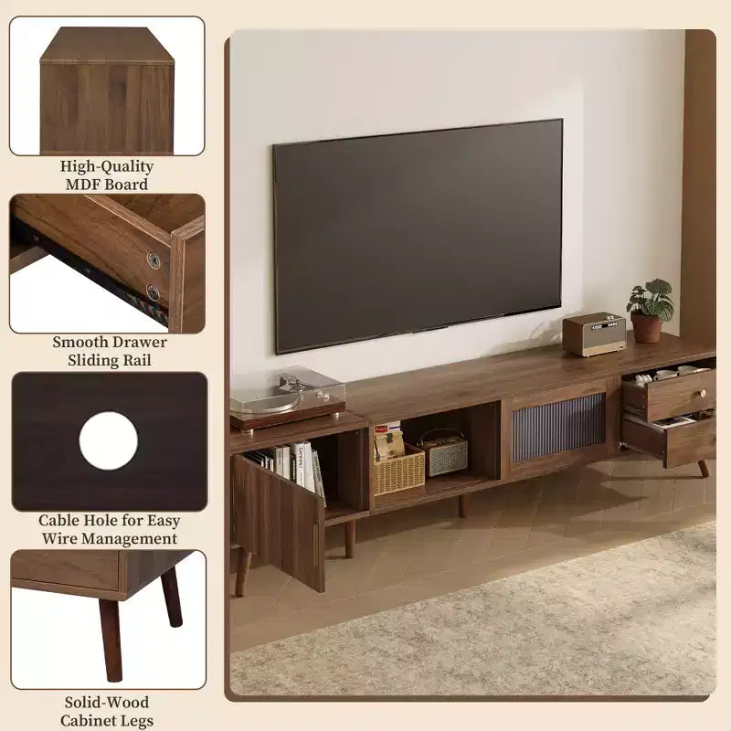 76 TV Stand for TVs up to 85 Inches, Modern Minimal Glass-Doors TV Stand with Storage Cabinets, Wood-Grain Entertainment Center