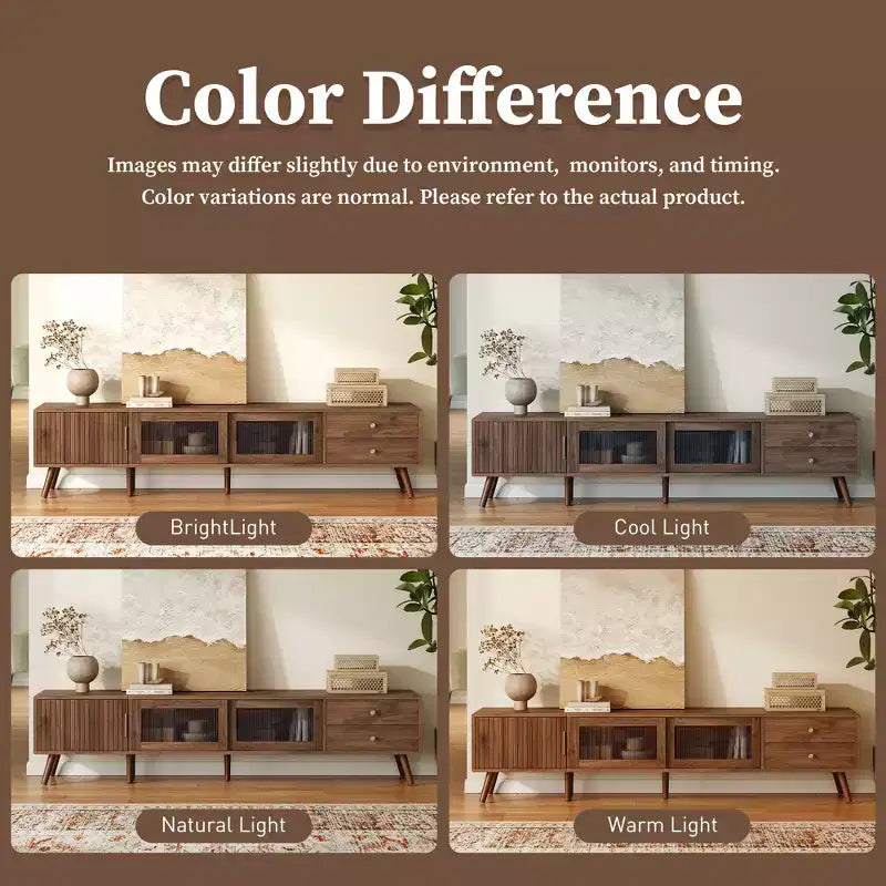 76 TV Stand for TVs up to 85 Inches, Modern Minimal Glass-Doors TV Stand with Storage Cabinets, Wood-Grain Entertainment Center