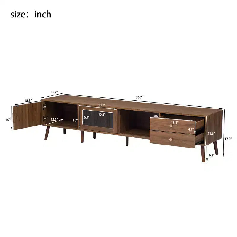 76 TV Stand for TVs up to 85 Inches, Modern Minimal Glass-Doors TV Stand with Storage Cabinets, Wood-Grain Entertainment Center