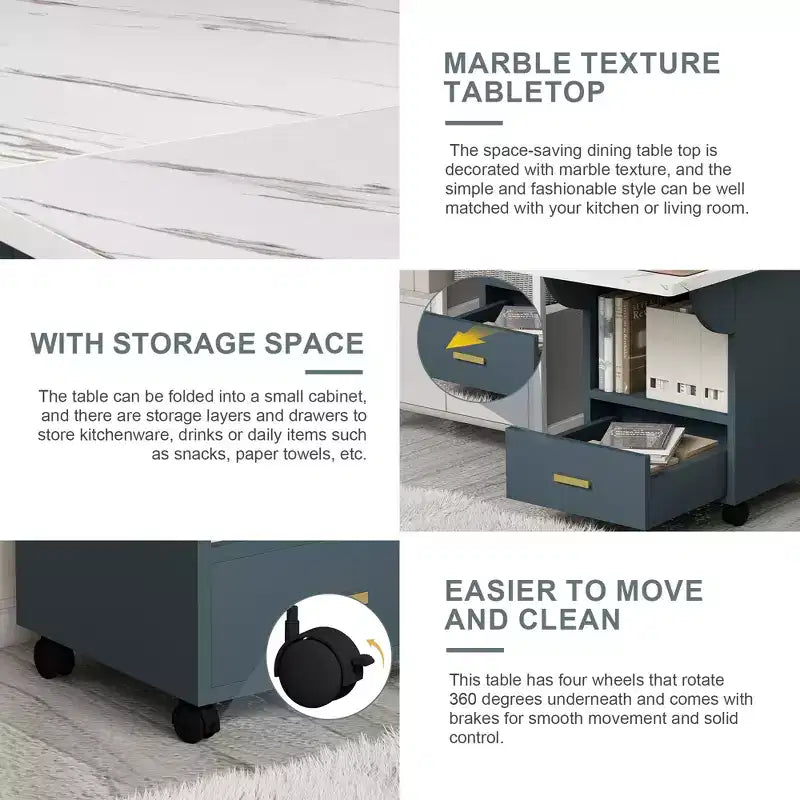MAYEERTY Folding Kitchen Island Table, Marble Texture Dining Table with Wheels, Storage Drawer & Rack, Space-Saving Multi-Purpose Table