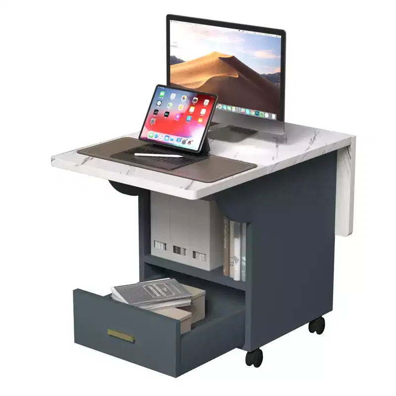 MAYEERTY Folding Kitchen Island Table, Marble Texture Dining Table with Wheels, Storage Drawer & Rack, Space-Saving Multi-Purpose Table