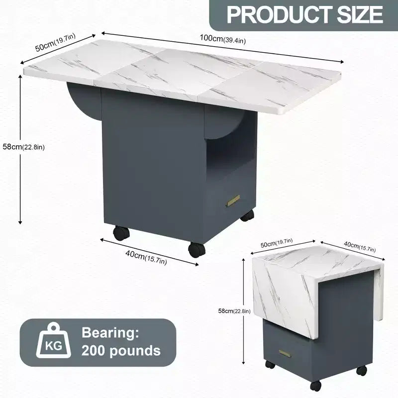 MAYEERTY Folding Kitchen Island Table, Marble Texture Dining Table with Wheels, Storage Drawer & Rack, Space-Saving Multi-Purpose Table