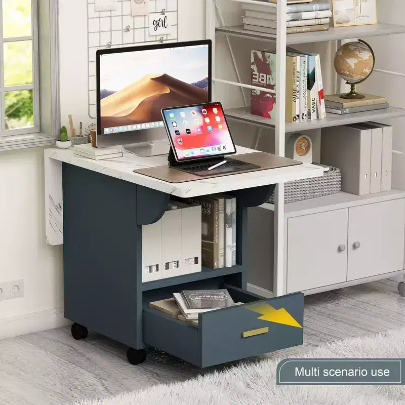 MAYEERTY Folding Kitchen Island Table, Marble Texture Dining Table with Wheels, Storage Drawer & Rack, Space-Saving Multi-Purpose Table