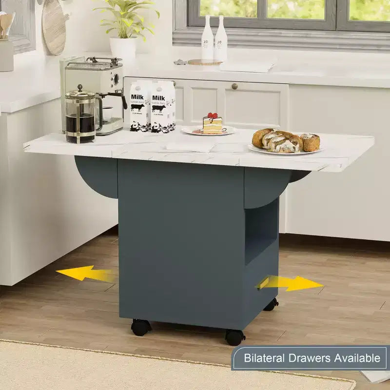 MAYEERTY Folding Kitchen Island Table, Marble Texture Dining Table with Wheels, Storage Drawer & Rack, Space-Saving Multi-Purpose Table