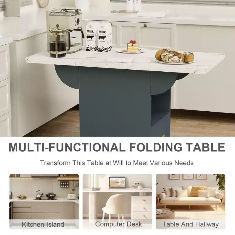 MAYEERTY Folding Kitchen Island Table, Marble Texture Dining Table with Wheels, Storage Drawer & Rack, Space-Saving Multi-Purpose Table