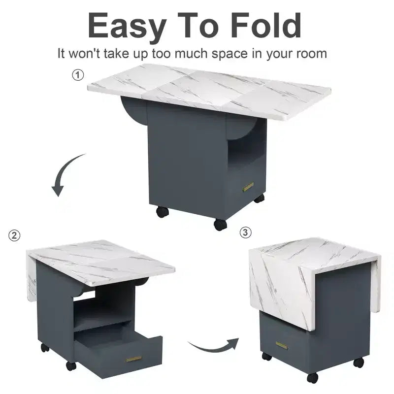MAYEERTY Folding Kitchen Island Table, Marble Texture Dining Table with Wheels, Storage Drawer & Rack, Space-Saving Multi-Purpose Table