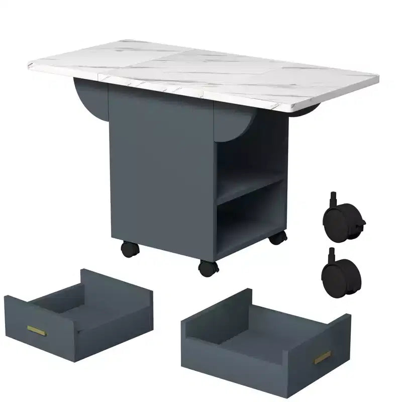 MAYEERTY Folding Kitchen Island Table, Marble Texture Dining Table with Wheels, Storage Drawer & Rack, Space-Saving Multi-Purpose Table