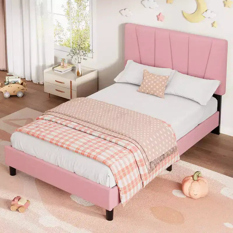 Twin Size Bed Frame with Adjustable Headboard, Linen Upholstered Platform Bed with Wooden Slats Support, No Box Spring Needed, Easy Assembly, Grey