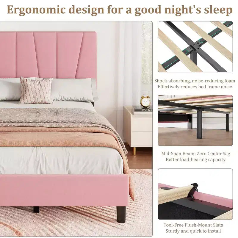 Twin Size Bed Frame with Adjustable Headboard, Linen Upholstered Platform Bed with Wooden Slats Support, No Box Spring Needed, Easy Assembly, Grey