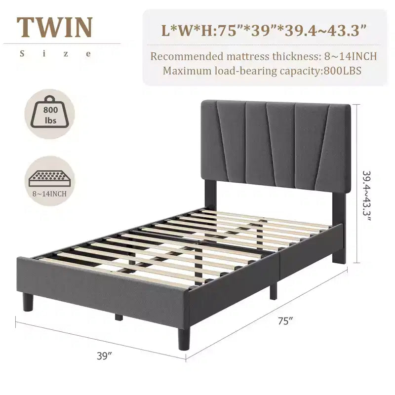 Twin Size Bed Frame with Adjustable Headboard, Linen Upholstered Platform Bed with Wooden Slats Support, No Box Spring Needed, Easy Assembly, Grey