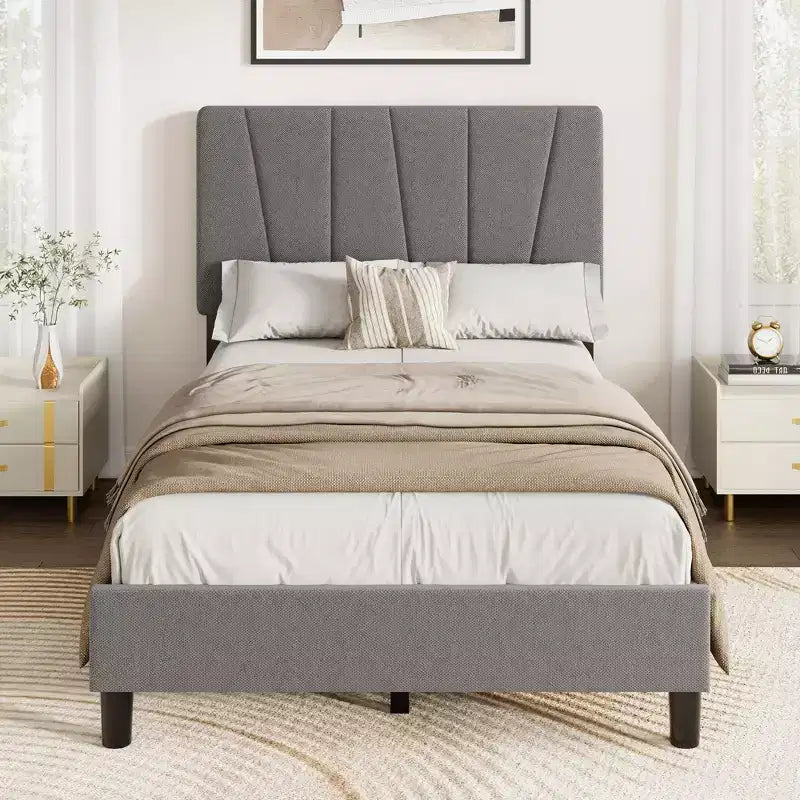 Twin Size Bed Frame with Adjustable Headboard, Linen Upholstered Platform Bed with Wooden Slats Support, No Box Spring Needed, Easy Assembly, Grey