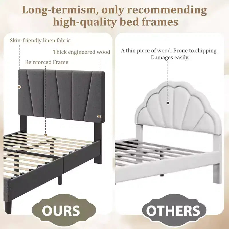 Twin Size Bed Frame with Adjustable Headboard, Linen Upholstered Platform Bed with Wooden Slats Support, No Box Spring Needed, Easy Assembly, Grey