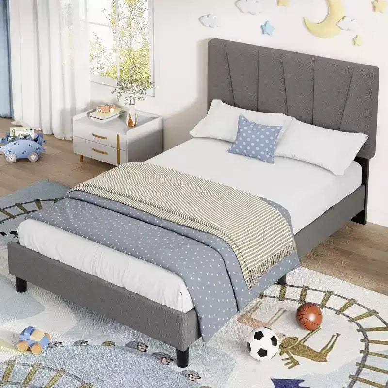 Twin Size Bed Frame with Adjustable Headboard, Linen Upholstered Platform Bed with Wooden Slats Support, No Box Spring Needed, Easy Assembly, Grey