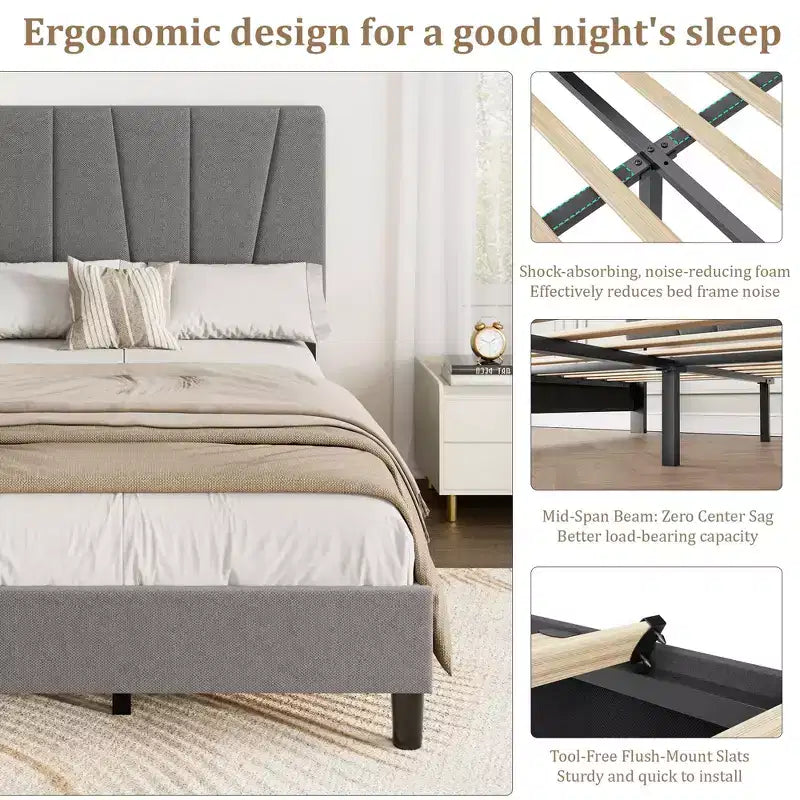Twin Size Bed Frame with Adjustable Headboard, Linen Upholstered Platform Bed with Wooden Slats Support, No Box Spring Needed, Easy Assembly, Grey