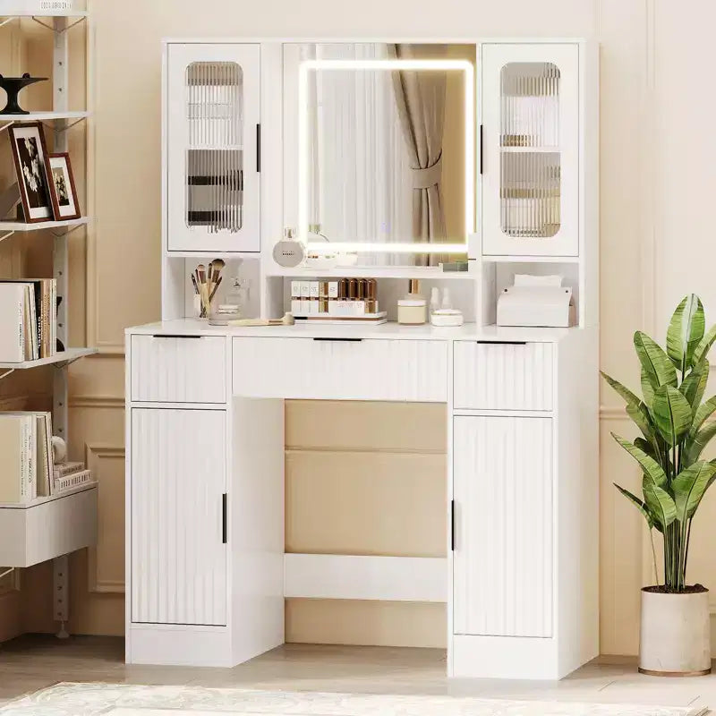 Vanity Desk with Mirror and Light, Makeup Dressing Table with 2 Glass Cabinets, 2 Large Cabinets & 3 Wavy Drawers