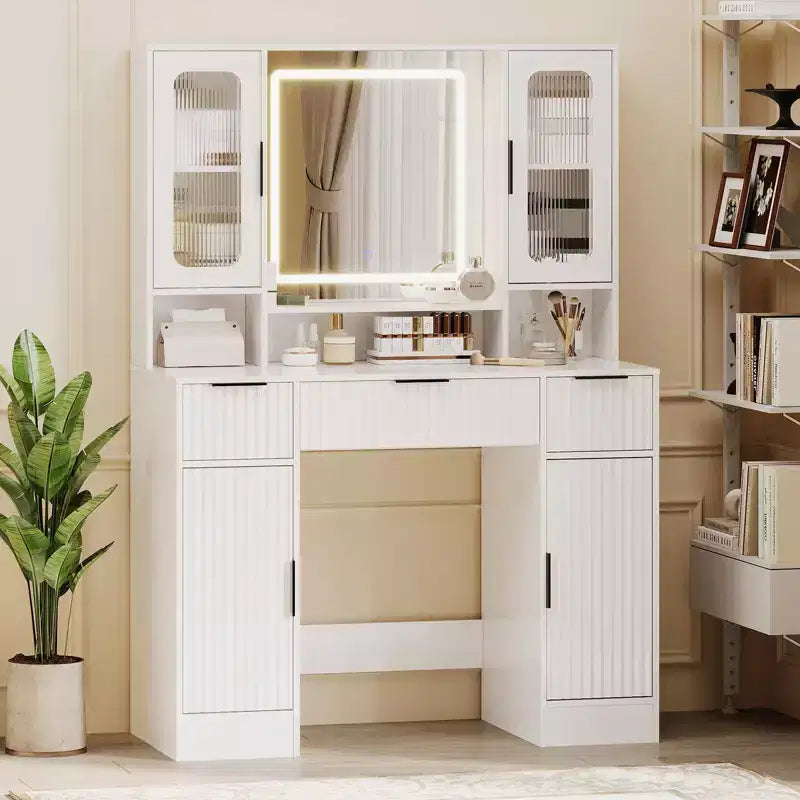 Vanity Desk with Mirror and Light, Makeup Dressing Table with 2 Glass Cabinets, 2 Large Cabinets & 3 Wavy Drawers
