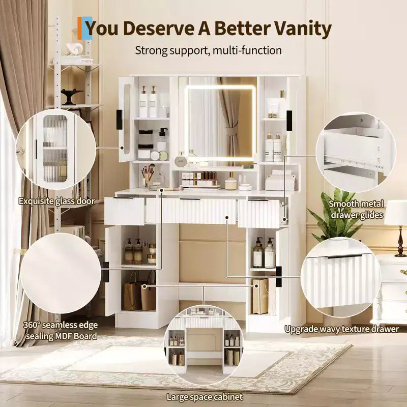 Vanity Desk with Mirror and Light, Makeup Dressing Table with 2 Glass Cabinets, 2 Large Cabinets & 3 Wavy Drawers
