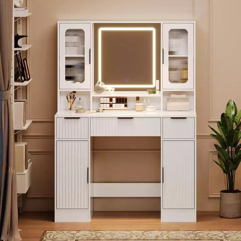 Vanity Desk with Mirror and Light, Makeup Dressing Table with 2 Glass Cabinets, 2 Large Cabinets & 3 Wavy Drawers