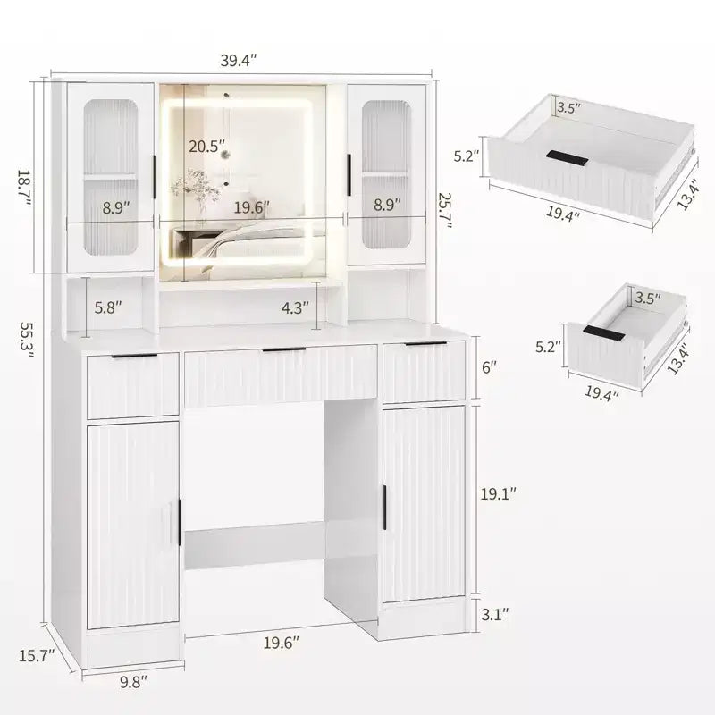 Vanity Desk with Mirror and Light, Makeup Dressing Table with 2 Glass Cabinets, 2 Large Cabinets & 3 Wavy Drawers