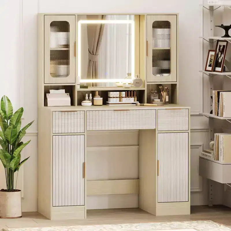 Vanity Desk with Mirror and Light, Makeup Dressing Table with 2 Glass Cabinets, 2 Large Cabinets & 3 Wavy Drawers