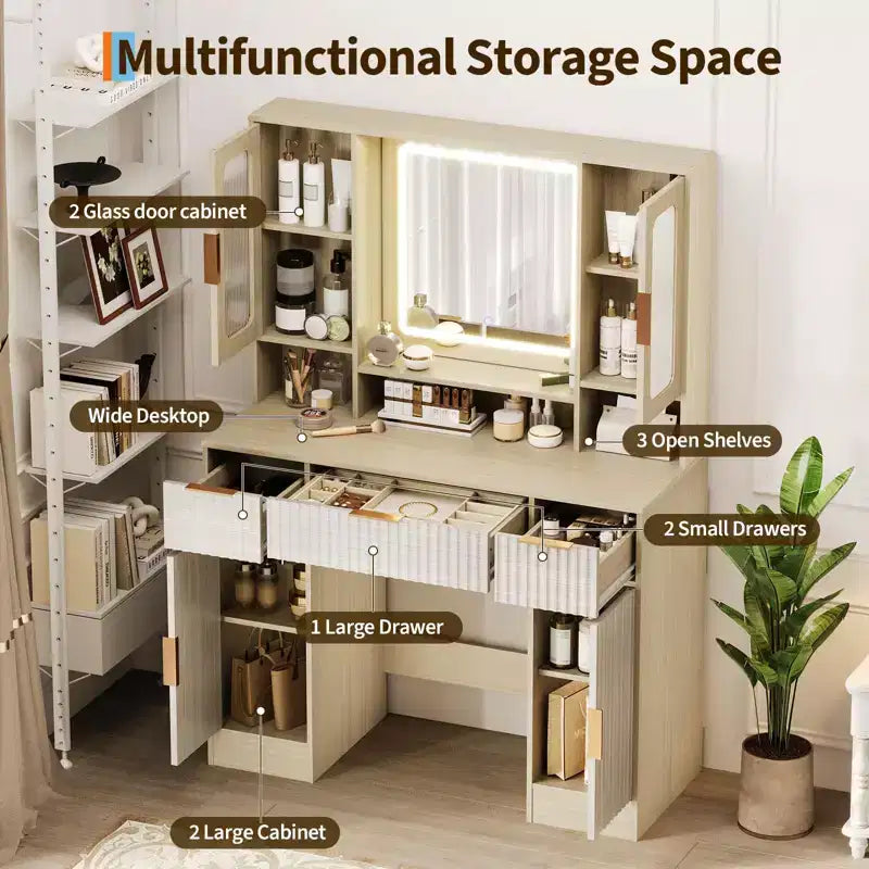 Vanity Desk with Mirror and Light, Makeup Dressing Table with 2 Glass Cabinets, 2 Large Cabinets & 3 Wavy Drawers