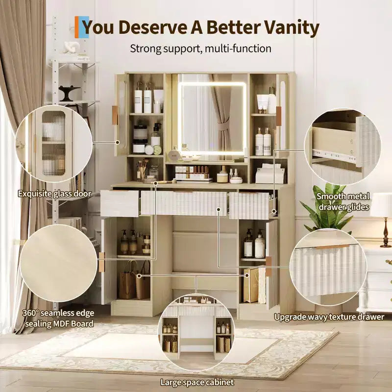 Vanity Desk with Mirror and Light, Makeup Dressing Table with 2 Glass Cabinets, 2 Large Cabinets & 3 Wavy Drawers