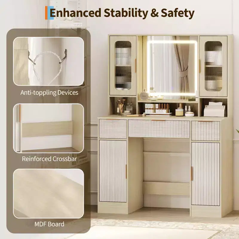 Vanity Desk with Mirror and Light, Makeup Dressing Table with 2 Glass Cabinets, 2 Large Cabinets & 3 Wavy Drawers