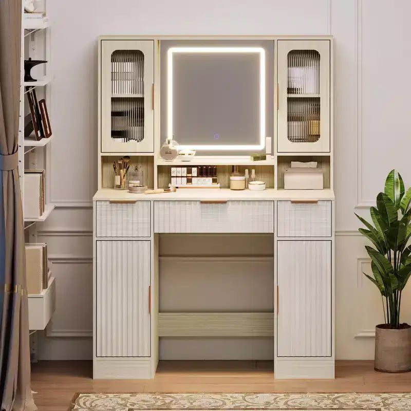 Vanity Desk with Mirror and Light, Makeup Dressing Table with 2 Glass Cabinets, 2 Large Cabinets & 3 Wavy Drawers