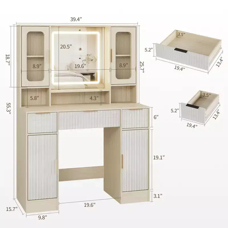 Vanity Desk with Mirror and Light, Makeup Dressing Table with 2 Glass Cabinets, 2 Large Cabinets & 3 Wavy Drawers