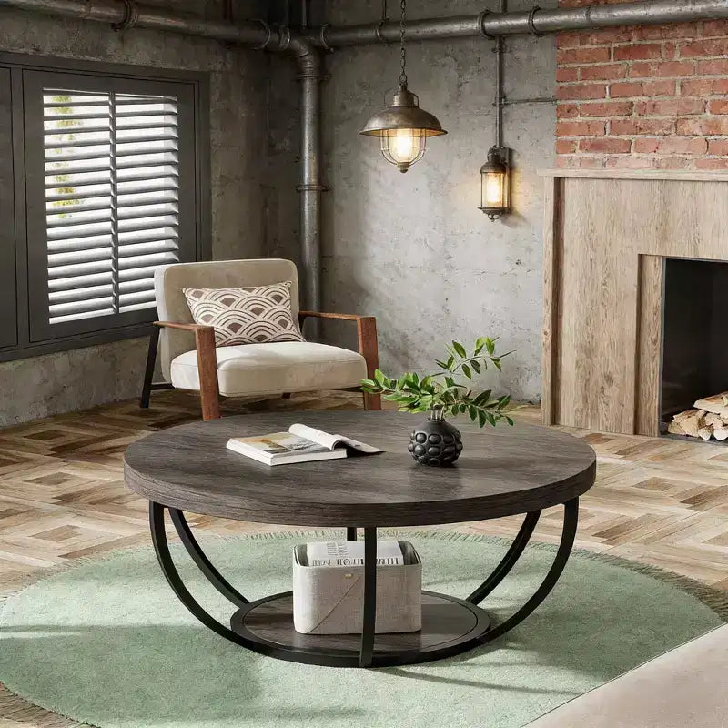Wooden Coffee Table, 2-Tier Round Central Cocktail Table with Shelves