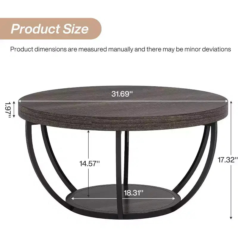 Wooden Coffee Table, 2-Tier Round Central Cocktail Table with Shelves