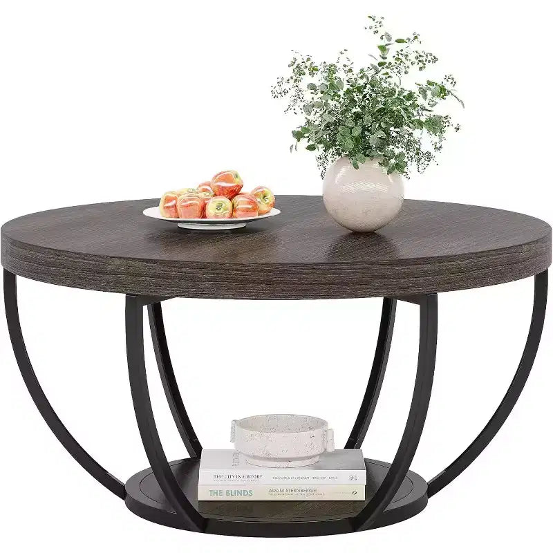 Wooden Coffee Table, 2-Tier Round Central Cocktail Table with Shelves