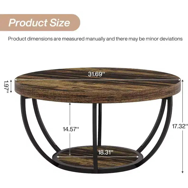 Wooden Coffee Table, 2-Tier Round Central Cocktail Table with Shelves