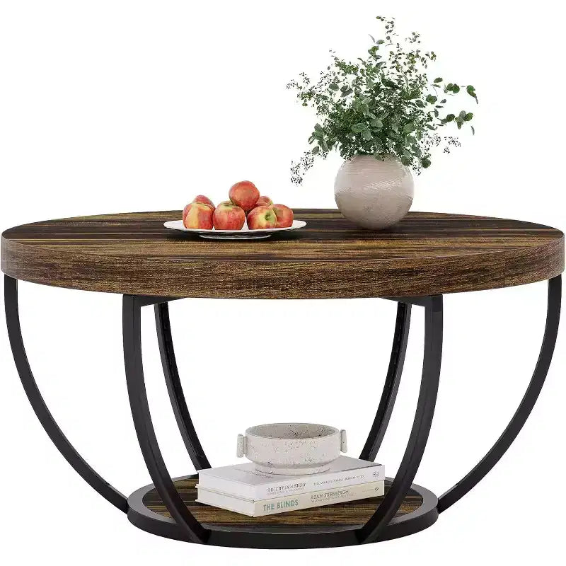 Wooden Coffee Table, 2-Tier Round Central Cocktail Table with Shelves