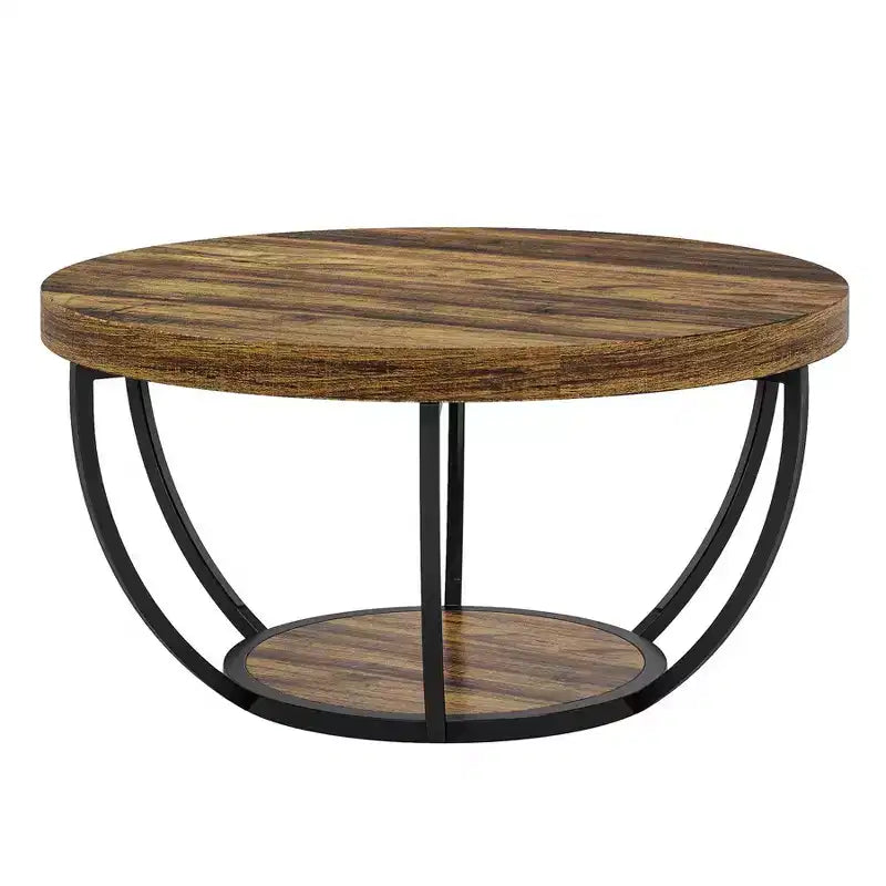 Wooden Coffee Table, 2-Tier Round Central Cocktail Table with Shelves