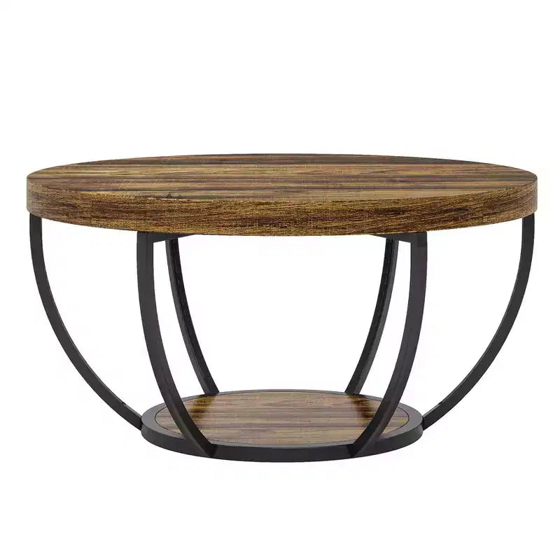Wooden Coffee Table, 2-Tier Round Central Cocktail Table with Shelves