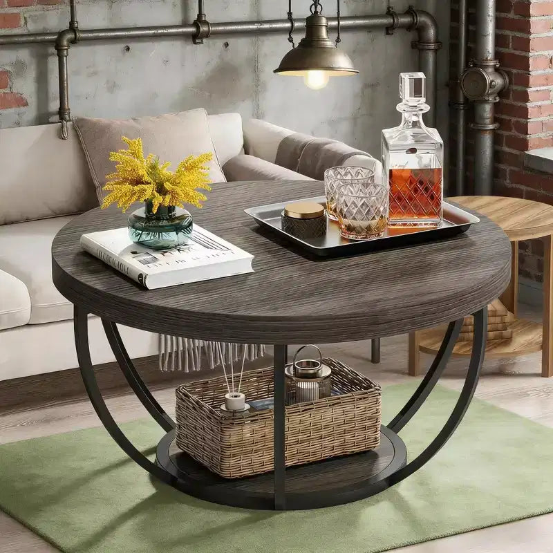 Wooden Coffee Table, 2-Tier Round Central Cocktail Table with Shelves
