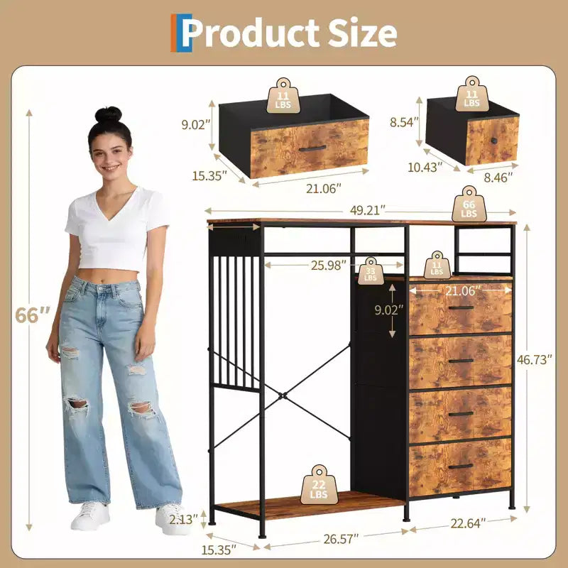 6-Drawer Dresser w/Hanging Rack, Dresser w/Charging Station & LED Lights, Kids Dressers with Shoe Rack, Chest of Drawers for Bedroom